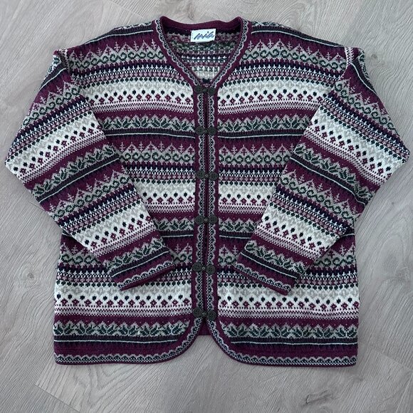 Vintage Nordic Fair Isle Cardigan sz M-L - Burgundy/Cream - Picture 1 of 9